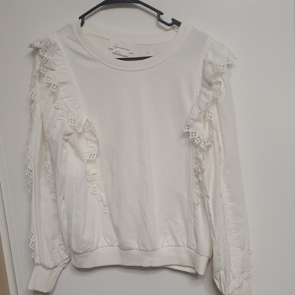 Anthropologie White Ruffle Lace Sweatshirt